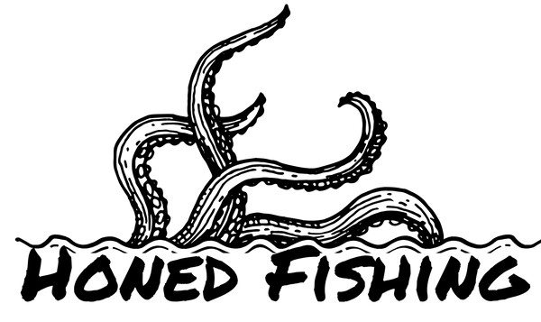 Black logo of 'Honed Fishing' with an octopus design on a white background
